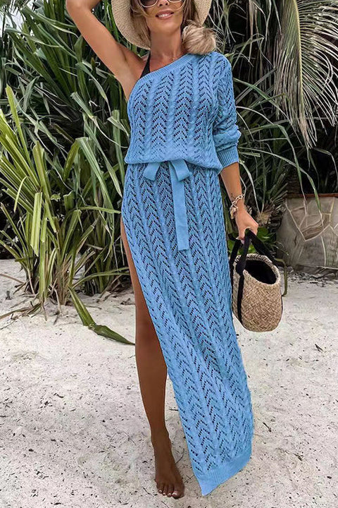 Febedress One Shoulder Long Sleeve High Split Hollow Out Beach Dress