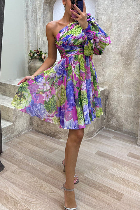 Febedress Ruched One Shoulder Waisted Floral Print Flowy Dress