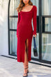 Febedress Square Collar Slit Ribbed Knit Bodycon Midi Dress