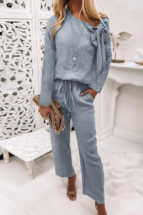 Febedress Bow Knot Neck Pullover Top+Pants Lounge Set