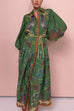 Febedress Puff Sleeves Button Down Birdie Printed Maxi Shirt Dress