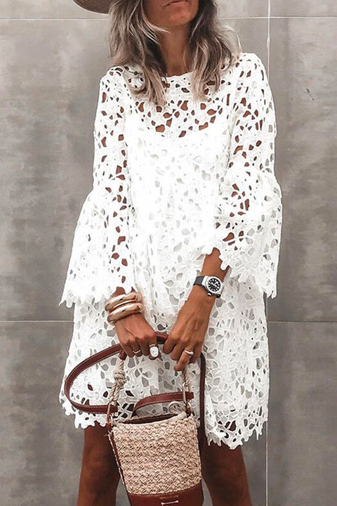 Febedress Bell Sleeves Hollow Out Lace Dress with Slip