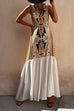 Febedress Sleeveless V Neck Printed Splice Maxi Swing Dress