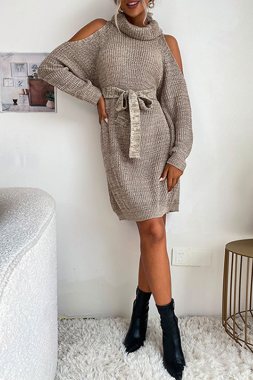 Febedress Turtleneck Cold Shoulder Belted Sweater Dress