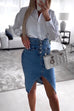 Febedress High Waist Slit Front Knee Length Denim Skirt