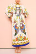 Febedress 3/4 Puff Sleeves Back Slit Birdie Printed Maxi Dress