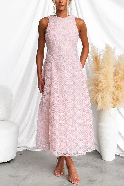 Crewneck Sleeveless Fairy Lace Maxi Swing Dress