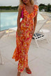 Febedress V Neck Cut Out Tie Back Printed Ruffle Maxi Dress