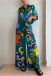 Febedress Cartoon Printed Rolled Up Sleeves Blouse Shirt Wide Leg Pants Holiday Set