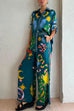 Febedress Cartoon Printed Rolled Up Sleeves Blouse Shirt Wide Leg Pants Holiday Set