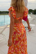 Febedress V Neck Cut Out Tie Back Printed Ruffle Maxi Dress