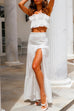 Febedress Attractive Hollow Out Ruffle Crop Cami Top High Slit Maxi Skirt Set