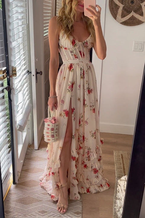 Febedress Spaghetti Strap Ruffle Layered Slit Dainty Floral Maxi Dress