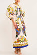 Febedress 3/4 Puff Sleeves Back Slit Birdie Printed Maxi Dress