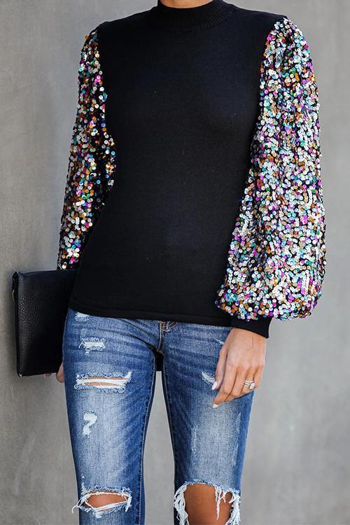 Febedress Sequin Lantern Sleeve Festive Blouses