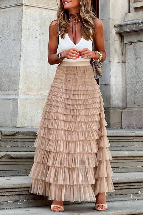 Febedress Ruffle Layered Mesh A-line Long Tulle Skirt