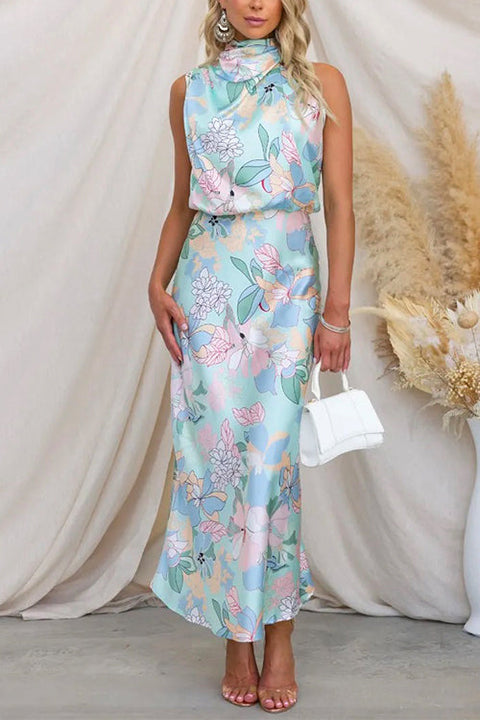 Febedress Irregular Tie Neck Waisted Floral Printed Maxi Satin Dress