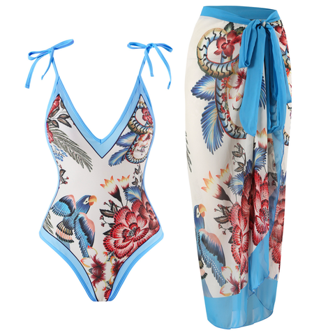 Febedress Floral Print V Neck Tie Shoulder One-piece Swimwear and Wrap Cover Up Skirt Set