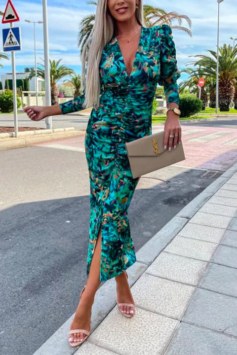 Febedress Deep V Neck Long Sleeve Ruched Slit Printed Bodycon Dress