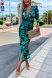 Febedress Deep V Neck Long Sleeve Ruched Slit Printed Bodycon Dress