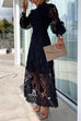 Febedress Mockneck Puff Sleeves Lace Hollow Out Mid Dress