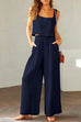 Febedress Square Collar Cami Crop Top Wide Leg Pants Cotton Linen Set