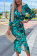 Febedress Deep V Neck Long Sleeve Ruched Slit Printed Bodycon Dress