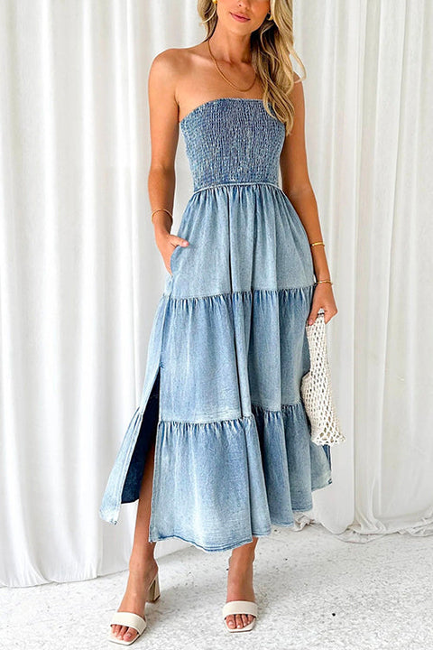 Febedress Strapless Tube Side Slit Ruffle Tiered Denim Dress