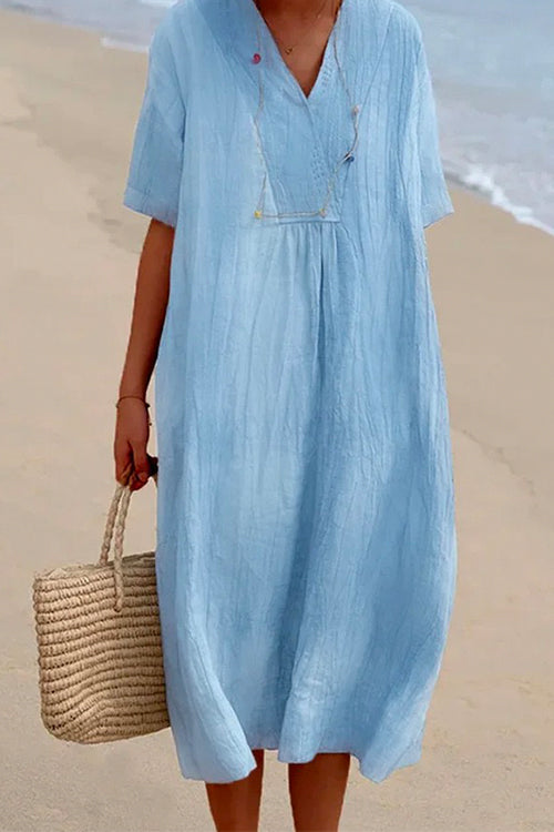 Febedress V Neck Short Sleeve Baggy Cotton Linen Midi Dress