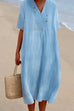 Febedress V Neck Short Sleeve Baggy Cotton Linen Midi Dress