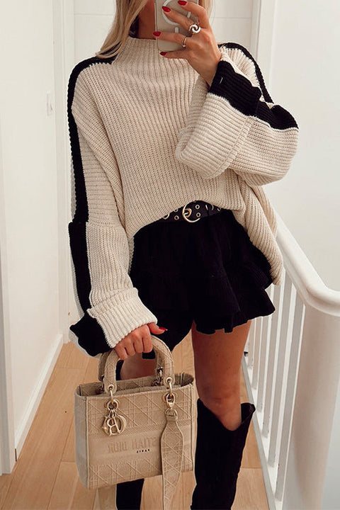 Febedress Turtleneck Color Block Ribbed Knit Loose Sweater