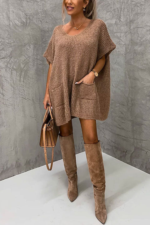 Febedress Oversized V Neck Short Sleeves Pocketed Poncho Sweater