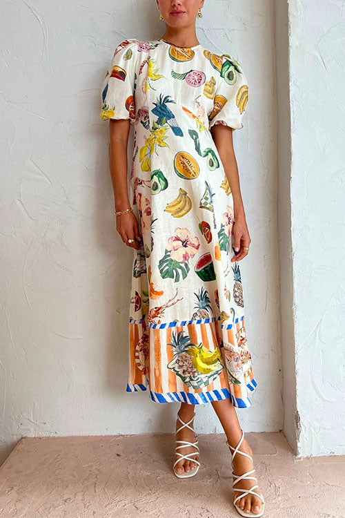 Febedress Puff Sleeve Food Printed Swing Maxi Vacation Dress