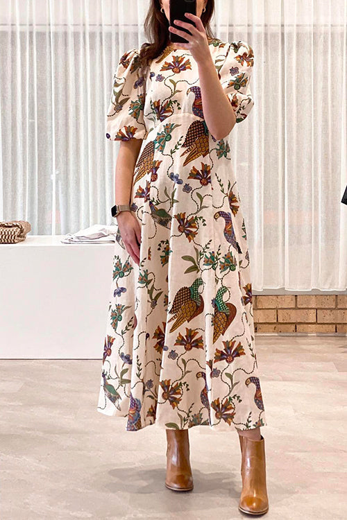 Febedress Puff Sleeves High Waist Unique Printed Maxi Swing Dress