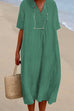 Febedress V Neck Short Sleeve Baggy Cotton Linen Midi Dress