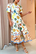 Febedress Puff Sleeve Food Printed Swing Maxi Vacation Dress