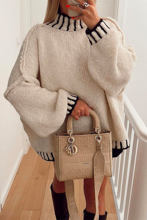 Febedress Turtleneck Drop Shoulder Color Block Pullover Sweater