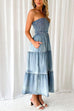 Febedress Strapless Tube Side Slit Ruffle Tiered Denim Dress