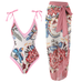 Febedress Floral Print V Neck Tie Shoulder One-piece Swimwear and Wrap Cover Up Skirt Set