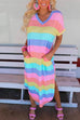 Febedress Curve Hem Side Split Rainbow Stripes Midi Dress