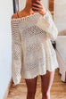 Febedress Long Sleeves Hollow Out Crochet Beach Cover Up Dress