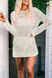 Febedress Long Sleeves Hollow Out Crochet Beach Cover Up Dress