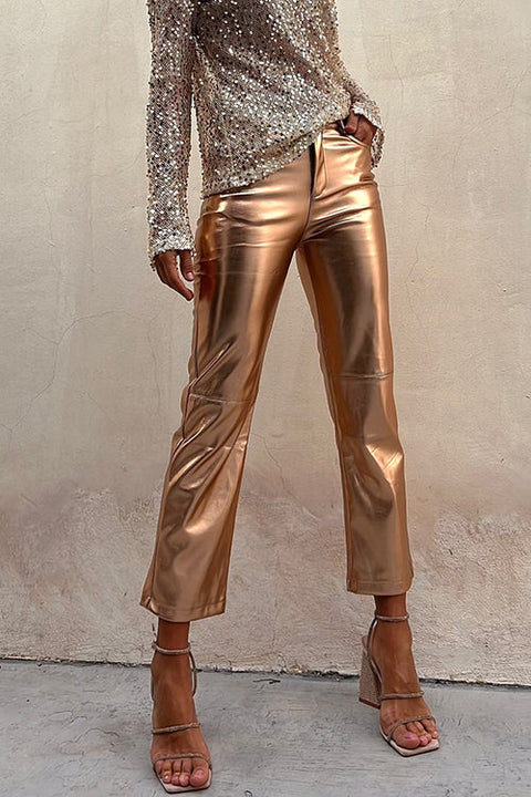 Metallic Faux Leather Straight Leg Cropped Pants