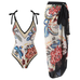 Febedress Floral Print V Neck Tie Shoulder One-piece Swimwear and Wrap Cover Up Skirt Set