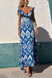 V Neck Waisted Boho Print Ruffle Maxi Dress