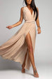 Febedress V Neck Sleeveless Back Criss Cross High Slit Maxi Party Dress