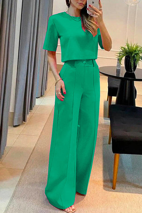 Febedress Crewneck Short Sleeve Crop Top Wide Leg Palazzo Pants Outfits Set