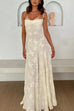 Febedress Spaghetti Strap Back Lace-up Applique Flower Lace Maxi Dress