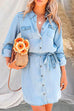 Febedress Rolled Up Long Sleeves Tie Waist Denim Shirt Dress