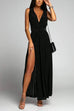 Febedress V Neck Sleeveless Back Criss Cross High Slit Maxi Party Dress